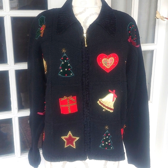 Christmas Sweater Croft & Barrow Wms Zipper Cardigan Sz M Patchwork Hand Knit XL - Picture 1 of 5